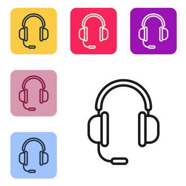 Beyaz arka planda izole edilmiş siyah çizgi kulaklıklı mikrofon ikonu. Renkli kare düğmelerle simgeleri ayarla. Vektör İllüstrasyonu