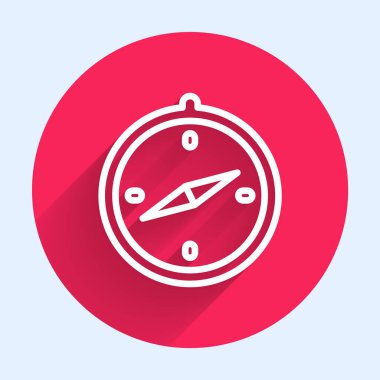 Beyaz çizgi pusula simgesi uzun gölgeli izole edildi. Rüzgâr yön bulma sembolü. Rüzgar gül işareti. Kırmızı daire düğmesi. Vektör İllüstrasyonu