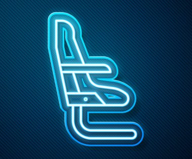 Parlayan neon hattı uçak koltuğu simgesi mavi arkaplanda izole edildi. Vektör İllüstrasyonu