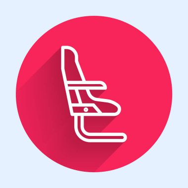 Beyaz çizgi uçak koltuğu ikonu uzun gölgeli izole edildi. Kırmızı daire düğmesi. Vektör İllüstrasyonu