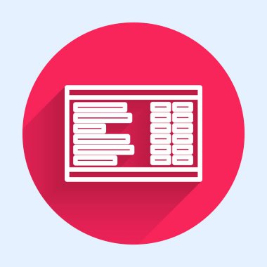 Beyaz çizgi havaalanı ikonu uzun gölgeli izole edildi. Mekanik skor tabelası. Havaalanındaki reklam panosundaki uçuş bilgileri. Kırmızı daire düğmesi. Vektör İllüstrasyonu