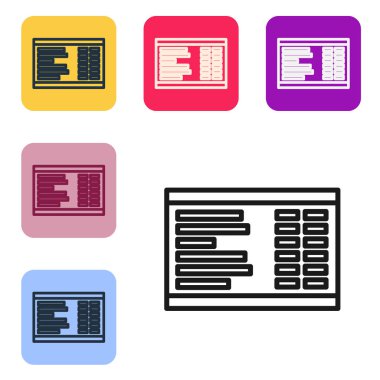 Siyah çizgi havaalanı simgesi beyaz arkaplanda izole edildi. Mekanik skor tabelası. Havaalanındaki reklam panosundaki uçuş bilgileri. Renkli kare düğmelerle simgeleri ayarla. Vektör İllüstrasyonu