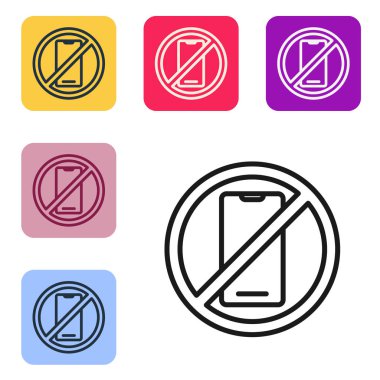 Siyah hat. Beyaz arkaplanda cep telefonu simgesi yok. Konuşmak ve işaret vermek yok. Hücre yasağı. Renkli kare düğmelerle simgeleri ayarla. Vektör İllüstrasyonu