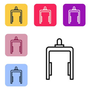 Havaalanı simgesindeki siyah çizgi metal dedektörü beyaz arkaplanda izole edildi. Havaalanı güvenlik görevlisi metal dedektör kontrol noktasında. Renkli kare düğmelerle simgeleri ayarla. Vektör İllüstrasyonu