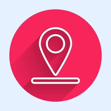 Uzun gölgeli beyaz çizgi haritası simgesi. Navigasyon, işaret, konum, harita, GPS, yön, yer, pusula, arama konsepti. Kırmızı daire düğmesi. Vektör İllüstrasyonu
