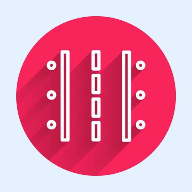 Kalkış için Beyaz Hat Havaalanı pisti ve uzun gölgeli uçak ikonu. Kırmızı daire düğmesi. Vektör İllüstrasyonu