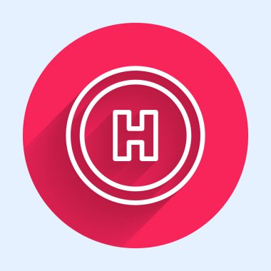 Beyaz çizgi helikopter iniş pisti ikonu uzun gölgeli izole edildi. Helikopter pisti, alan, platform, H harfi. Kırmızı daire düğmesi. Vektör İllüstrasyonu