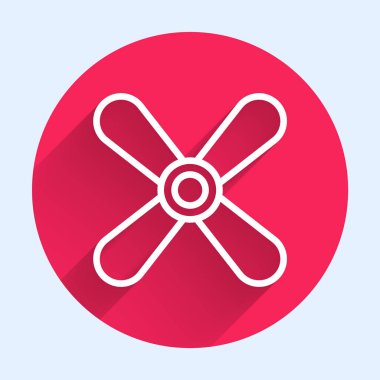 Beyaz çizgi düzlem pervanesi simgesi uzun gölgeli izole edildi. Klasik uçak pervanesi. Kırmızı daire düğmesi. Vektör İllüstrasyonu