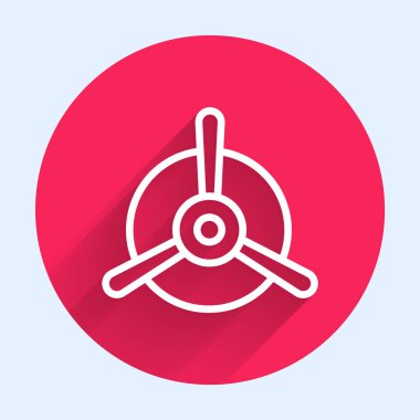 Beyaz çizgi düzlem pervanesi simgesi uzun gölgeli izole edildi. Klasik uçak pervanesi. Kırmızı daire düğmesi. Vektör İllüstrasyonu