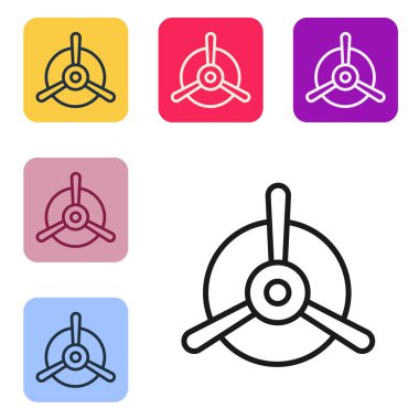 Siyah çizgi düzlem pervanesi simgesi beyaz arkaplanda izole edildi. Klasik uçak pervanesi. Renkli kare düğmelerle simgeleri ayarla. Vektör İllüstrasyonu