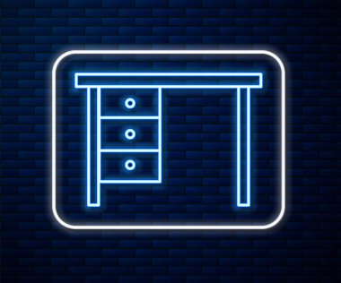 Parlayan neon hattı ofis masası simgesi tuğla duvar arkasında izole edildi. Vektör İllüstrasyonu
