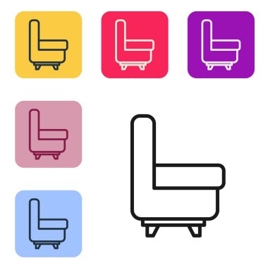 Siyah renkli Armchair simgesi beyaz arkaplanda izole edildi. Renkli kare düğmelerle simgeleri ayarla. Vektör İllüstrasyonu