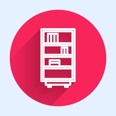 Uzun gölgeli beyaz çizgi kütüphane kitaplığı simgesi. Kırmızı daire düğmesi. Vektör İllüstrasyonu