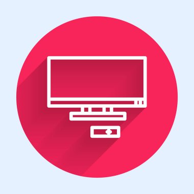 Beyaz çizgi Akıllı TV simgesi uzun gölgeli izole edildi. Televizyon tabelası. Kırmızı daire düğmesi. Vektör İllüstrasyonu