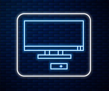 Parlayan neon hattı Akıllı TV simgesi tuğla duvar arka planında izole edildi. Televizyon tabelası. Vektör İllüstrasyonu