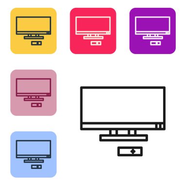 Siyah çizgi Akıllı TV simgesi beyaz arkaplanda izole edildi. Televizyon tabelası. Renkli kare düğmelerle simgeleri ayarla. Vektör İllüstrasyonu