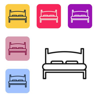 Siyah çizgi. Beyaz arka planda iki ya da bir kişi için büyük yatak. Renkli kare düğmelerle simgeleri ayarla. Vektör İllüstrasyonu