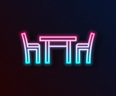 Siyah arka planda izole edilmiş sandalye ikonu olan parlak neon çizgili ahşap masa. Vektör İllüstrasyonu