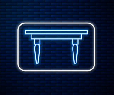 Parlayan neon hattı ahşap masa simgesi tuğla duvar arka planında izole edilmiş. Vektör İllüstrasyonu