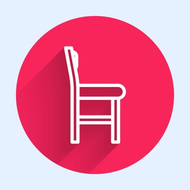 Beyaz çizgi sandalye simgesi uzun gölgeli izole edilmiş. Kırmızı daire düğmesi. Vektör İllüstrasyonu