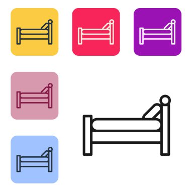 Siyah çizgi yatak simgesi beyaz arkaplanda izole edildi. Renkli kare düğmelerle simgeleri ayarla. Vektör İllüstrasyonu