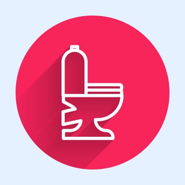 Uzun gölgeli beyaz çizgi tuvalet klozeti ikonu. Kırmızı daire düğmesi. Vektör İllüstrasyonu