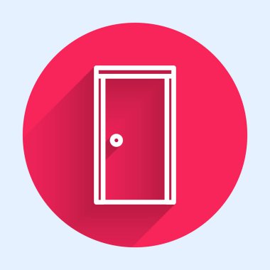 Beyaz çizgi kapalı kapı simgesi uzun gölgeli izole edilmiş. Kırmızı daire düğmesi. Vektör İllüstrasyonu