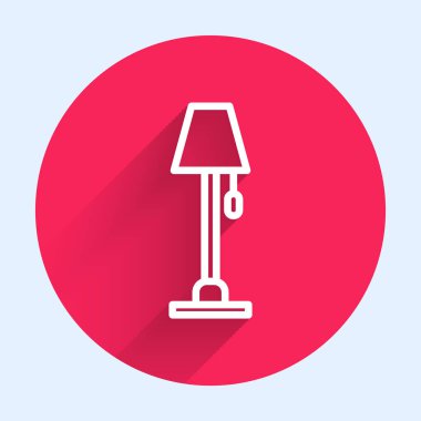 Beyaz çizgi lamba ikonu uzun gölgeli izole edilmiş. Kırmızı daire düğmesi. Vektör İllüstrasyonu