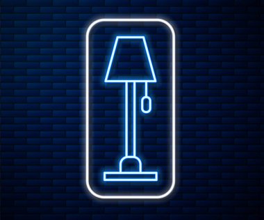 Parlak neon çizgili lamba ikonu tuğla duvar arka planında izole edilmiş. Vektör İllüstrasyonu