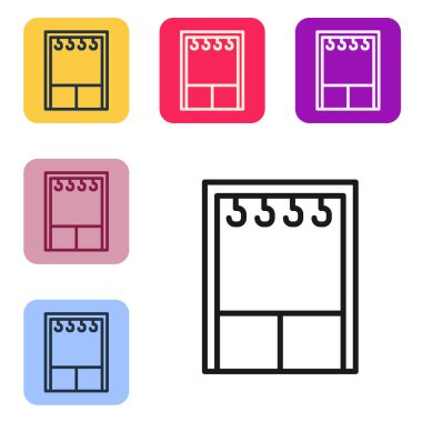 Siyah çizgi kıyafet ikonu beyaz arka planda izole edildi. Renkli kare düğmelerle simgeleri ayarla. Vektör İllüstrasyonu