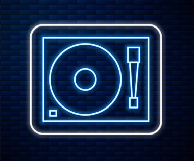 Duvarda izole edilmiş vinil disk ikonu olan parlak neon çizgili Vinil oynatıcı. Vektör İllüstrasyonu