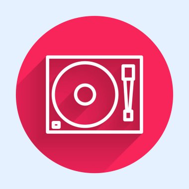Uzun gölgeli izole edilmiş vinil disk simgesine sahip beyaz çizgi Vinil oynatıcı. Kırmızı daire düğmesi. Vektör İllüstrasyonu