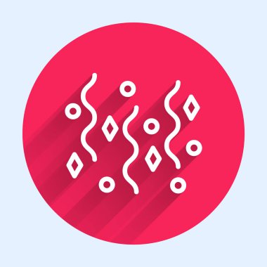 Beyaz çizgi şenlikli konfeti ikonu uzun gölgeli izole edilmiş. Kırmızı daire düğmesi. Vektör İllüstrasyonu