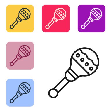 Siyah çizgi Maracas simgesi beyaz arkaplanda izole edildi. Meksika müzik enstrümanı. Renkli kare düğmelerle simgeleri ayarla. Vektör İllüstrasyonu