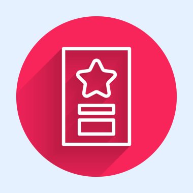 Beyaz çizgi tebrik kartı simgesi uzun gölgeyle izole edildi. Kutlama için davetiye ya da tebrik kartı şablonu. Kırmızı daire düğmesi. Vektör İllüstrasyonu