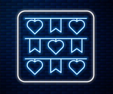 Parlak neon çizgili karnaval çelengi tuğla duvar arkasında izole edilmiş bayrak simgesi. Doğum günü kutlaması için parti flamaları, festival dekorasyonu. Vektör İllüstrasyonu