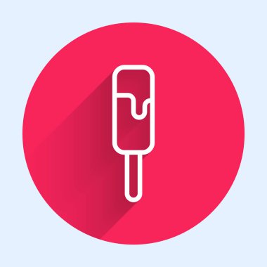 Uzun gölgeli beyaz çizgi dondurma ikonu. Güzel sembol. Kırmızı daire düğmesi. Vektör İllüstrasyonu