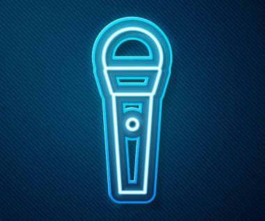Parlayan neon hattı karaoke simgesi mavi arkaplanda izole edildi. Mikrofon ve monitör. Vektör İllüstrasyonu