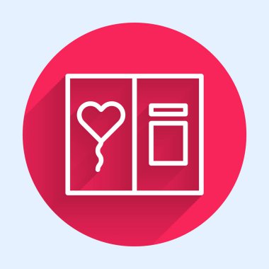 Beyaz çizgi tebrik kartı simgesi uzun gölgeyle izole edildi. Kutlama için davetiye ya da tebrik kartı şablonu. Kırmızı daire düğmesi. Vektör İllüstrasyonu