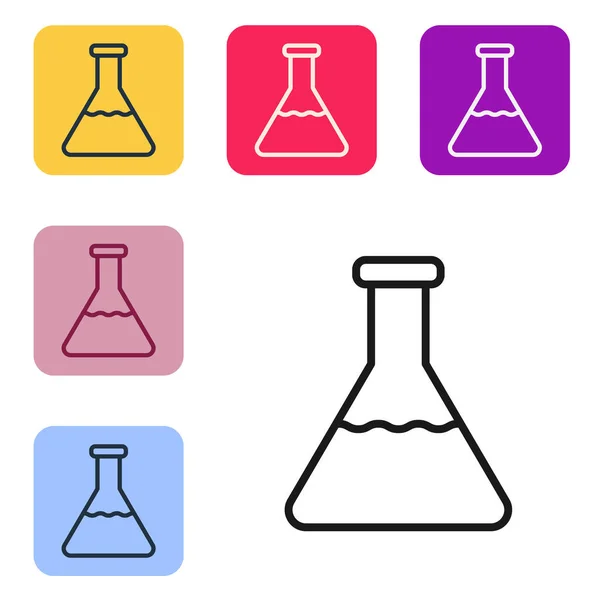 黑线测试试管和烧瓶化学实验室测试图标隔离在白色背景 实验室玻璃器皿标志 在彩色正方形按钮中设置图标 病媒图解 — 图库矢量图片