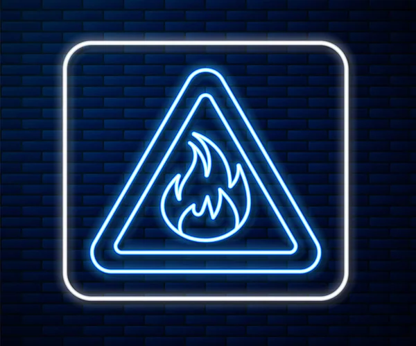 Glowing Neon Line Fire Flame Triangle Icon Isolated Brick Wall — Stock Vector
