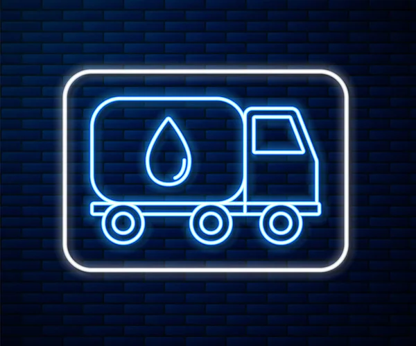 Gloeiende Neon Lijn Water Delivery Truck Pictogram Geïsoleerd Baksteen Muur — Stockvector