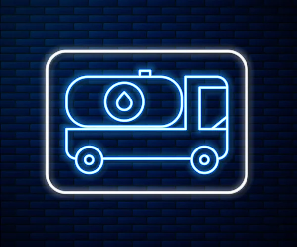 Leuchtende Leuchtschrift Tankwagen Symbol Isoliert Auf Backsteinwand Hintergrund Benzintanker Vektorillustration — Stockvektor