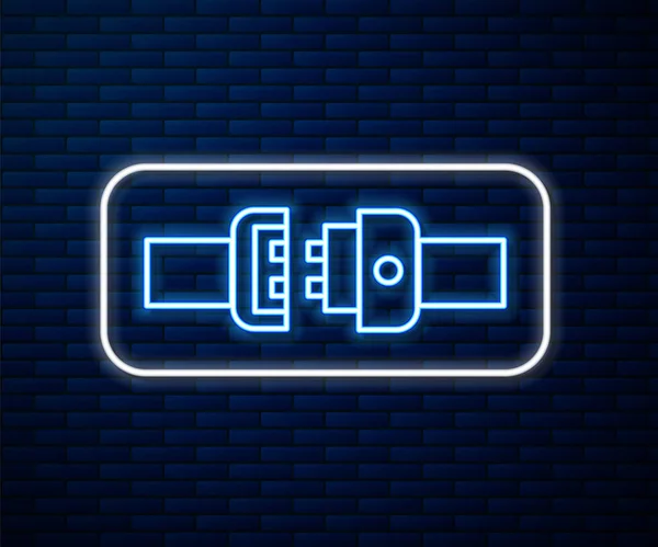 Glowing Neon Line Safety Belt Icon Isolated Brick Wall Background — 스톡 벡터