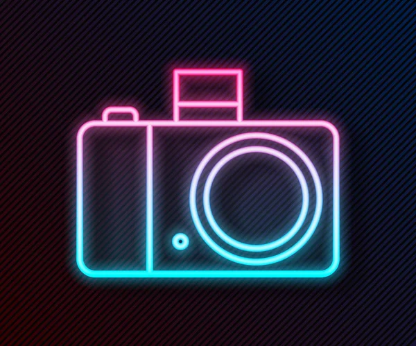 Gloeiende Neon Lijn Fotocamera Icoon Geïsoleerd Zwarte Achtergrond Foto Camera — Stockvector