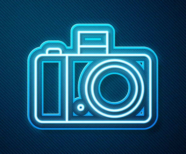 Glödande Neon Line Fotokamera Ikon Isolerad Blå Bakgrund Fotokameraikonen Vektor — Stock vektor