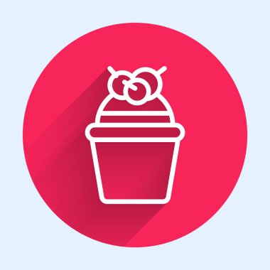 Beyaz çizgi pasta simgesi uzun gölgeli izole edildi. Doğum günün kutlu olsun. Kırmızı daire düğmesi. Vektör İllüstrasyonu