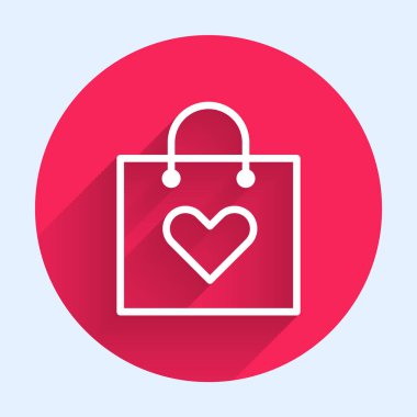 Uzun gölgeli, kalp simgesi olan beyaz bir alışveriş torbası. Alışveriş torbası sevgisi kalp ikonu gibidir. Sevgililer Günü sembolü. Kırmızı daire düğmesi. Vektör İllüstrasyonu