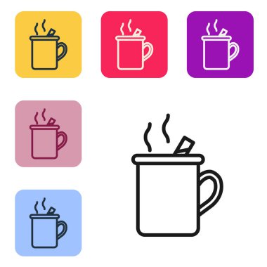 Siyah çizgi beyaz arka planda izole edilmiş bir bardak içki ve malzeme ikonu ile karıştırılmış şarap. Tarçın çubuğu, karanfil, limon dilimi. Renkli kare düğmelerle simgeleri ayarla. Vektör İllüstrasyonu