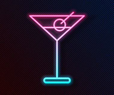 Parlayan neon hattı Martini cam ikonu siyah arka planda izole edildi. Kokteyl ikonu. Şarap kadehi ikonu. Vektör İllüstrasyonu